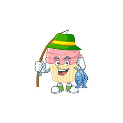 A Picture of strawberry cupcake fisher mascot design catch a fish