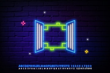 Glowing neon stadium field with bleachers isolated against a brick wall background. vector illustration