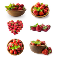 Strawberries isolated on white cutout. Berry with copy space for text. Various fresh summer fruits isolated on white. Set of strawberries isolated on white. Strawberry from different angles on white.