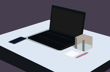 Computer, phone, notepad. The workplace of a business person. Vector color illustration.