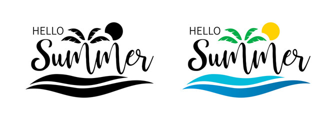 Hello summer set. Sea palm summer of banner. Hello summer hand lettering inspirational typography poster or banner. Vector © 123levit