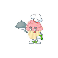 A strawberry cupcake chef cartoon design with hat and tray