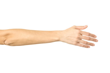 Giving hand for handshake. Woman hand gesturing isolated on white - obrazy, fototapety, plakaty