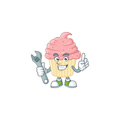 A mechanic strawberry cupcake mascot character fix a broken machine