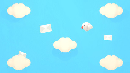 Cartoon mail delivery bird flying in the blue sky. 3d rendering picture.