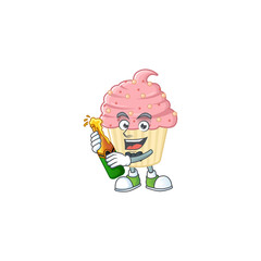 Mascot cartoon design of strawberry cupcake making toast with a bottle of beer