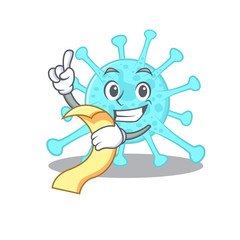 cegacovirus mascot character design with a menu on his hand