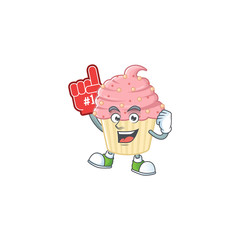 Cartoon character concept of strawberry cupcake holding red foam finger