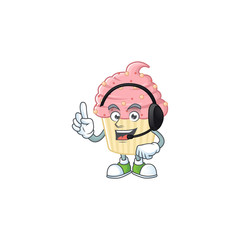 Strawberry cupcake cartoon character style speaking on headphone
