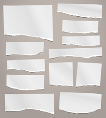Torn of white note, notebook paper strips, pieces stuck on brown background. Vector illustration