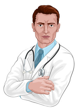 A doctor medical healthcare professional character with arms folded and serious but caring look