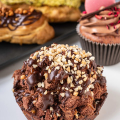 beautiful and delicious cakes, muffins, eclairs, macaron cookies
