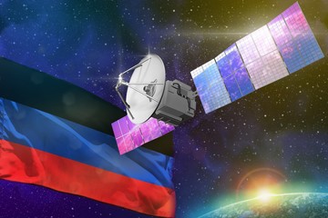 Space communications technology concept - satellite with Donetsk Peoples Republic flag, 3D Illustration