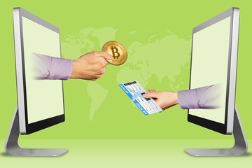 hi-tech concept, two hands from displays. hand with bitcoin and air ticket. 3d illustration
