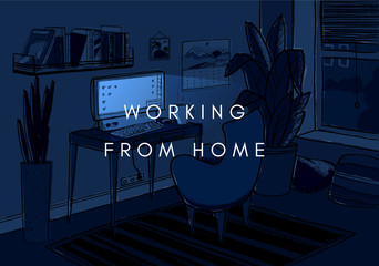 Cozy dark night home office vector illustration. Cute interior for working from home.