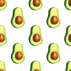Avocados background. Breakfast, food, eat, ingredient, exotic, fruits. Healthy meal. Watercolor hand drawing seamless pattern, texture, background, backdrop. Isolateod on white background.