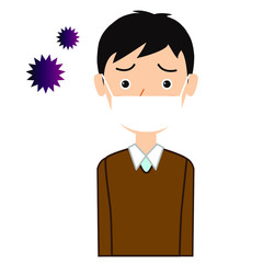 風邪をひいてマスクをする若い男性のイラスト