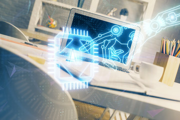 Double exposure of desktop with personal computer on background and tech theme drawing. Concept of Bigdata.