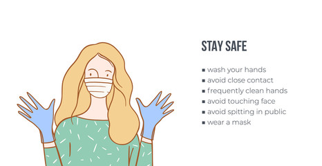 Woman wearing medical masc an gloves, vector illustration.