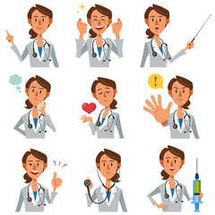 Female doctor with different facial expressions.