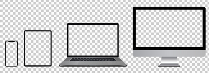 Phone, Tablet, Laptop and PC with transparent screens. Vector graphic