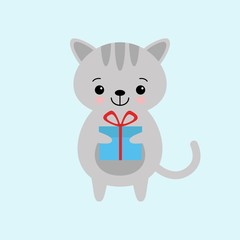 Fototapeta premium Kawaii gray cat with gift box, vector illustration