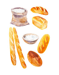Set of a bag of flour, salt and various types of bread. Watercolor illustrations isolated on a white background