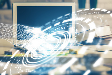 Multi exposure of desktop computer and technology theme hologram. Concept of software development.