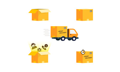 Products Boxes Vector Icons Set yellow cardboard truck 3d icon