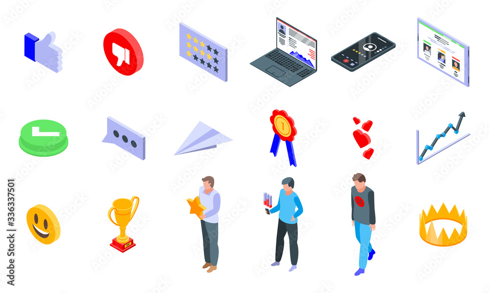 Poster reputation icons set. isometric set of reputation vector icons for web design isolated on white back