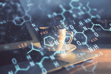 Desktop computer background and formula hologram writing. Double exposure. Education concept.