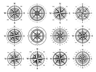 Nautical compass wind rose vector icons. Isolated vintage symbols of marine maps and antique cartography, navigation compass rose or windrose with cardinal directions of North, East, South and West - obrazy, fototapety, plakaty