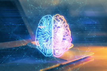 Double exposure of work space with computer and human brain drawing hologram. Brainstorm concept.