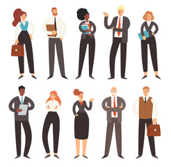 Set of business people. Businessmen and businesswomen cartoon characters. Office team, multicultural collective workers, entrepreneurs. Men and women in suits standing together. Vector illustrat