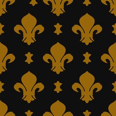 Fleur-de-lis seamless patterns with black gold background. Vector illustration.
