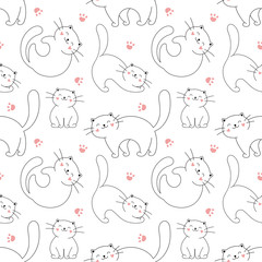 Seamless pattern of cute kittens in lines. Cartoon print for textile, wrapping, fabric, wallpaper. Vector illustration on a white background.