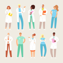 Set of various male and female medicine workers. Group of hospital medical specialists standing together: doctor, surgeon, physician, paramedic, nurse and other staff. Cartoon vector characters 
