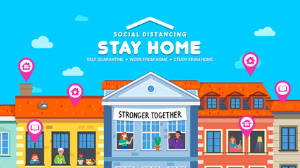 Social distancing, Stay home concept vector illustration. Prevention of covid-19. People in self quarantine at European apartment buildings