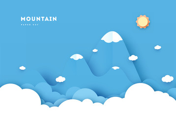Blue mountain with clouds and sun on blue background. paper cut style background. Template. vector illustration.