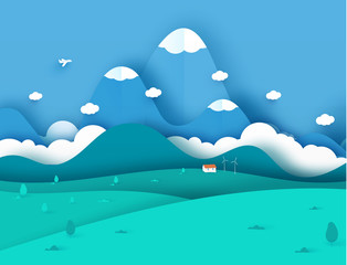 Ecology concept and nature landscape scenery with house, airplane and mountains paper art style design.teamplate for cards. Vector illustration.