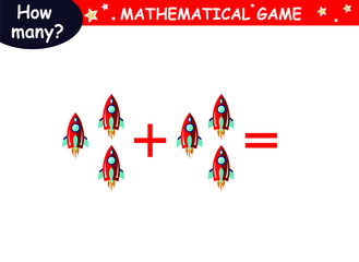 examples of addition with cosmic elements (red rocket, green rocket, planet, earth, saturn, astronaut, Mars, stars). educational page with mathematical examples for children.