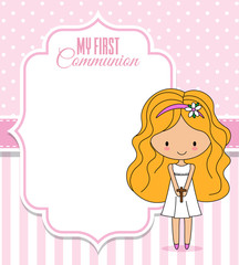 First communion card. Little girl next to frame with blank space