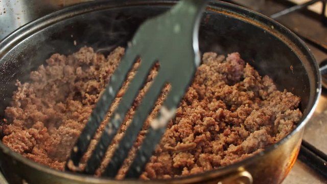Minced pork fried in a pan mixing Close Up