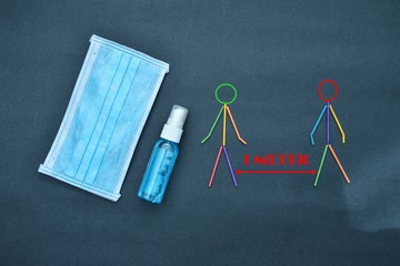 Face masks and sanitizer bottle with colorful sticks figure people with  red text " 1 METER " isolated on black background.