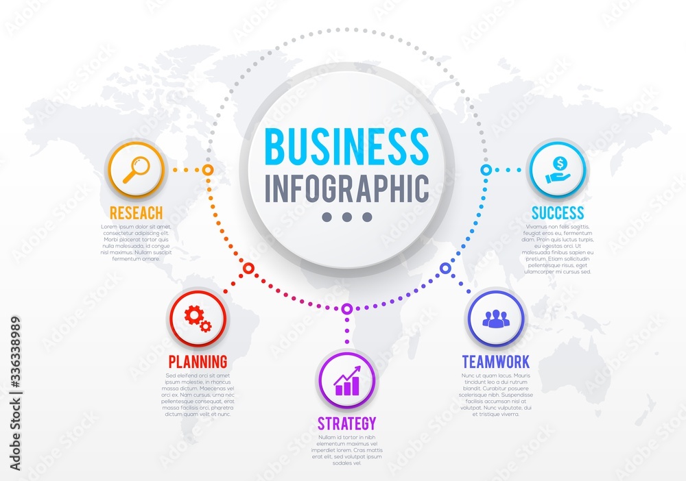 Poster Business infographics template of step chart or process graph. Vector presentation diagram with world map, options and text layouts, business flow chart or data report design