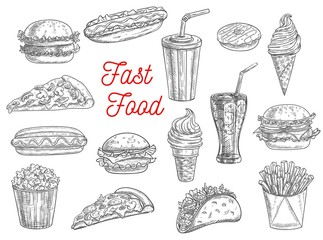 Fast food sketch vector icons of burgers, sandwiches, hot dogs, desserts and snacks. Fastfood hand drawn pizza, cheeseburger, takeaway soda drink glass, Mexican taco and popcorn, fries and donut