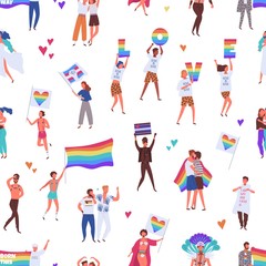 Colorful pride parade seamless pattern. Crowd of gay, lesbian, bisexual, transgender activists holding flags and placards at lgbtq demonstration. Vector illusration in flat cartoon style