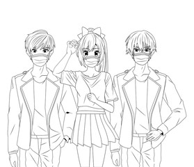 young people using face masks anime characters
