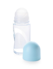 Roll-on deodorant on white background