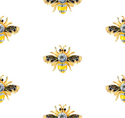 Bee Jewelry with stones on a white background. Beautiful pattern. Realistic vector. Seamless